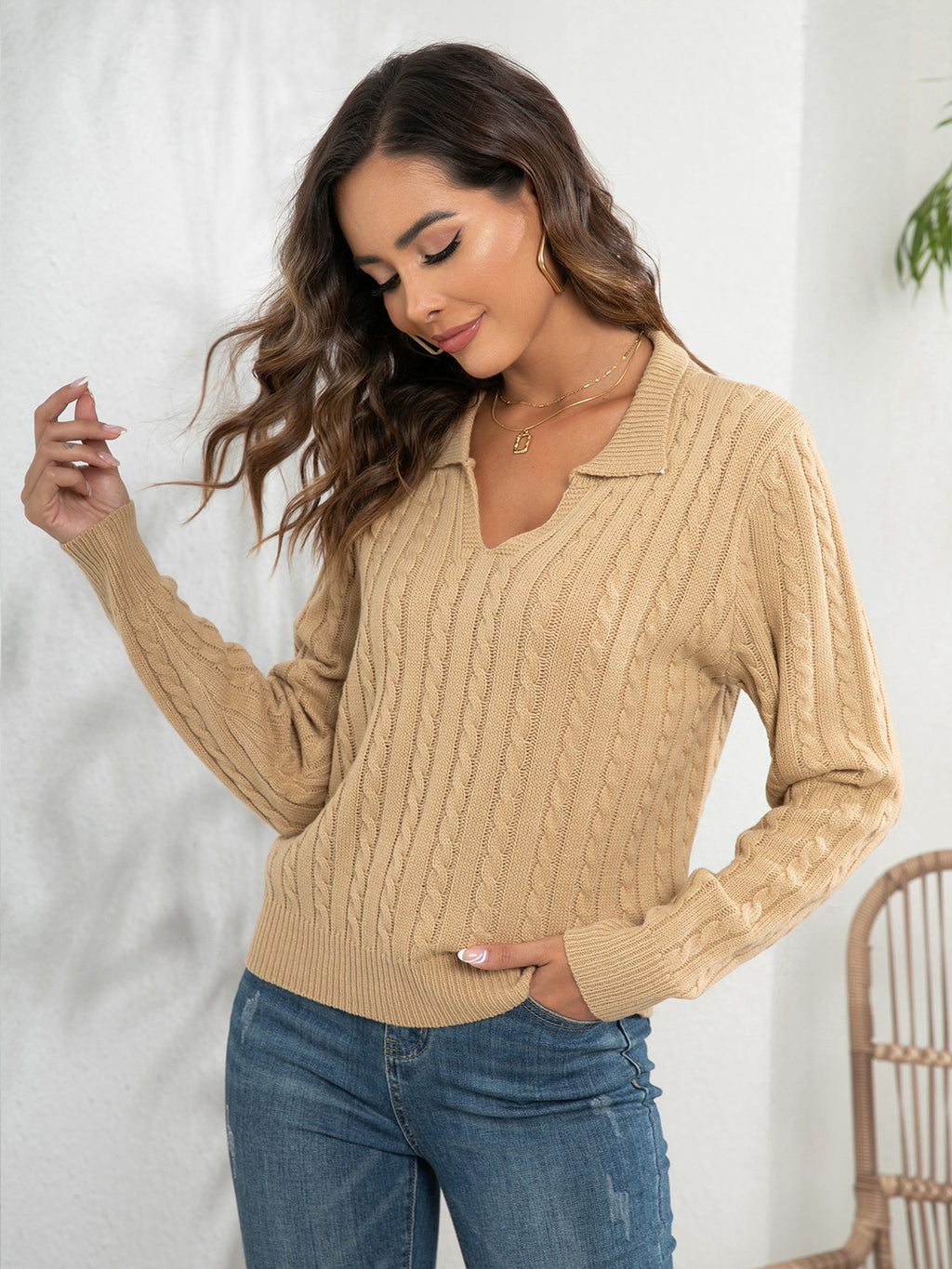 Johnny Collar Cable-knit Long Sleeve Sweater (5)