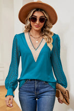 Openwork V-neck Long Sleeve T-shirt (14)