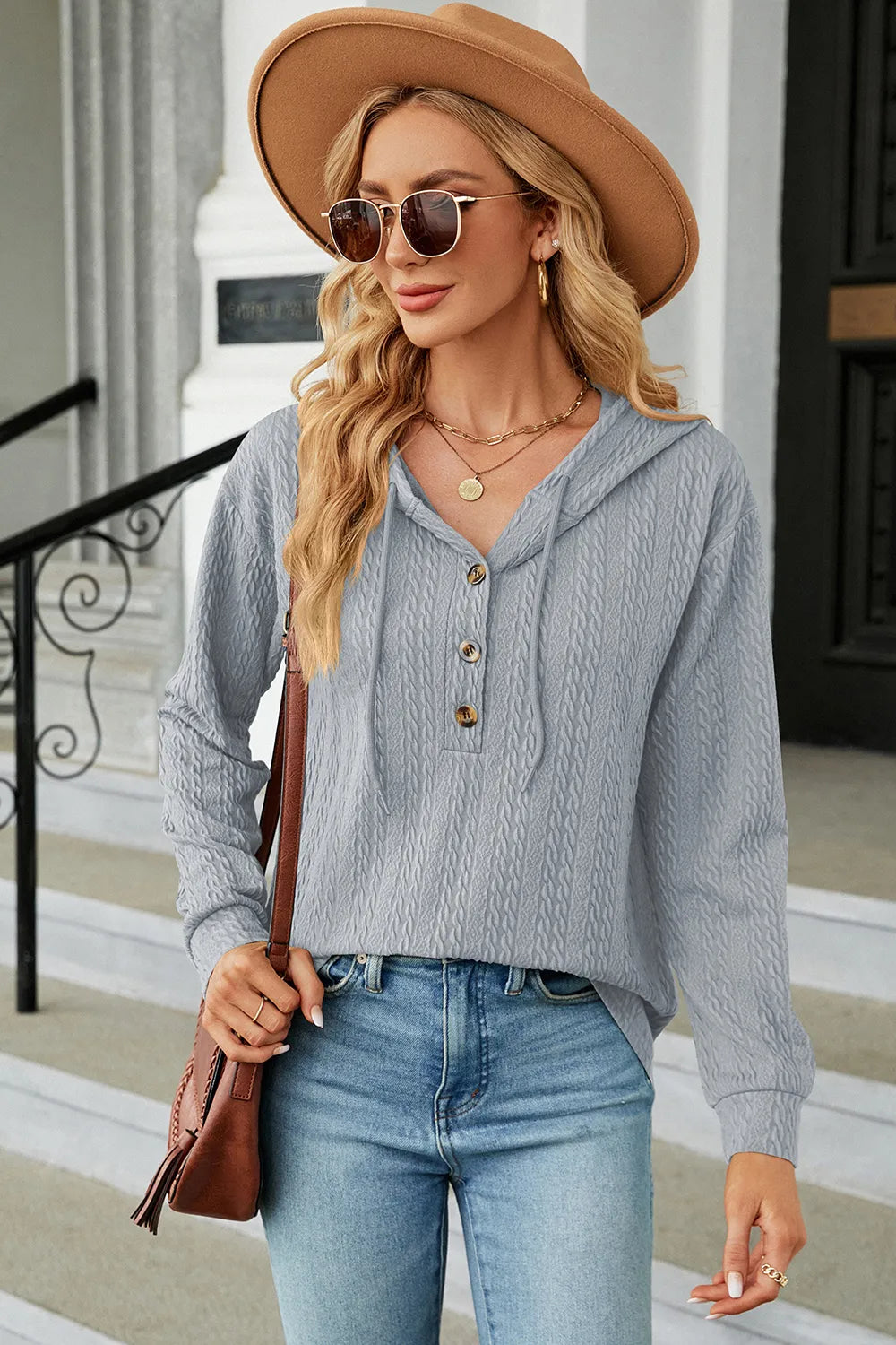 Drawstring Half Button Long Sleeve Hoodie (10)