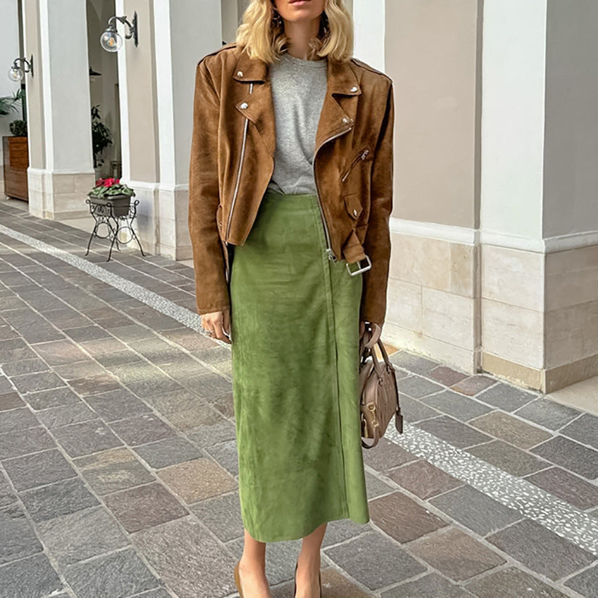 Avocado Green Suede Skirt High Waist Slimming photo 4