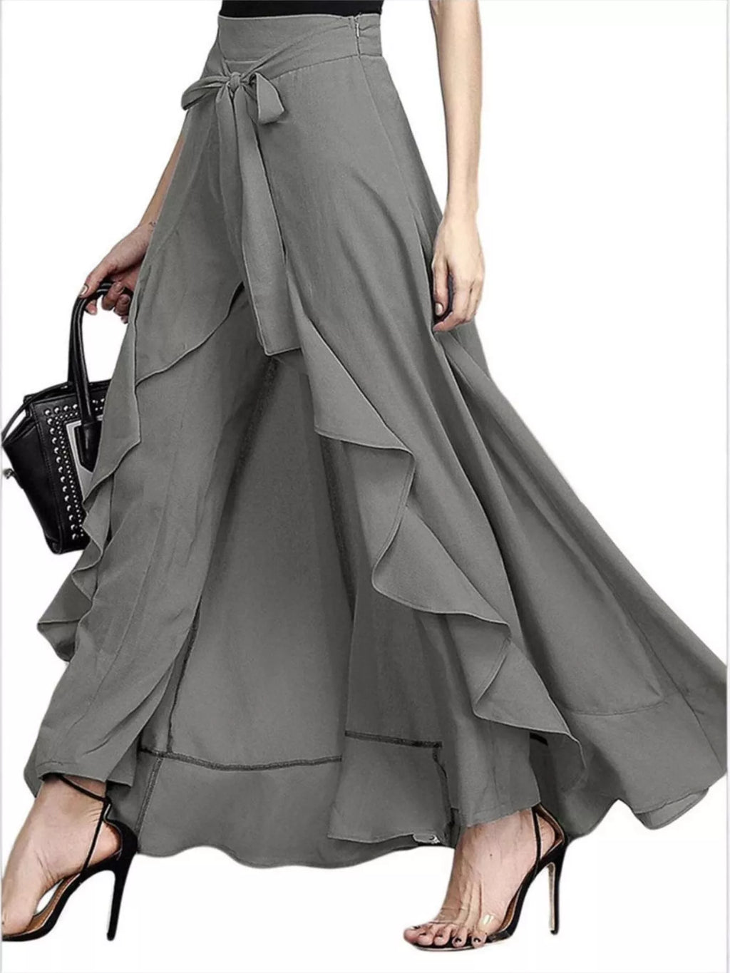 Full Size High-waisted Tie-front Ruffled Wide-leg Pants Plus