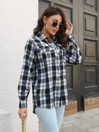 Plaid Collared Neck Buttoned Shirt Pockets (5)