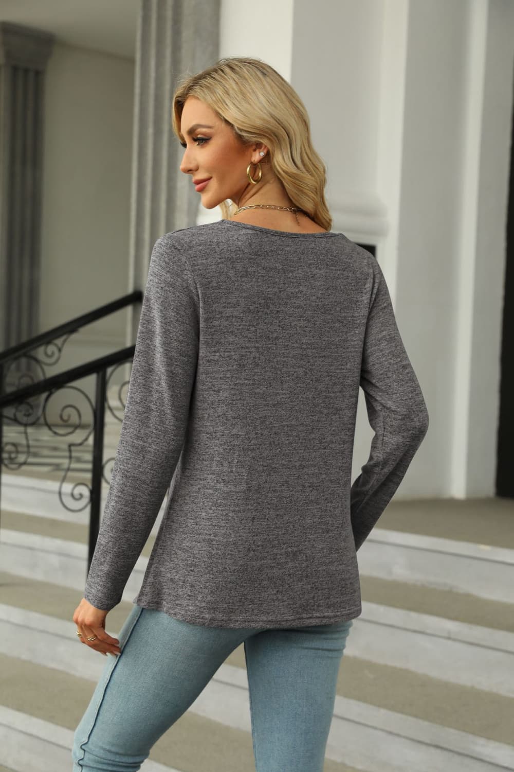 Square Neck Long Sleeve Slit T-shirt (2)