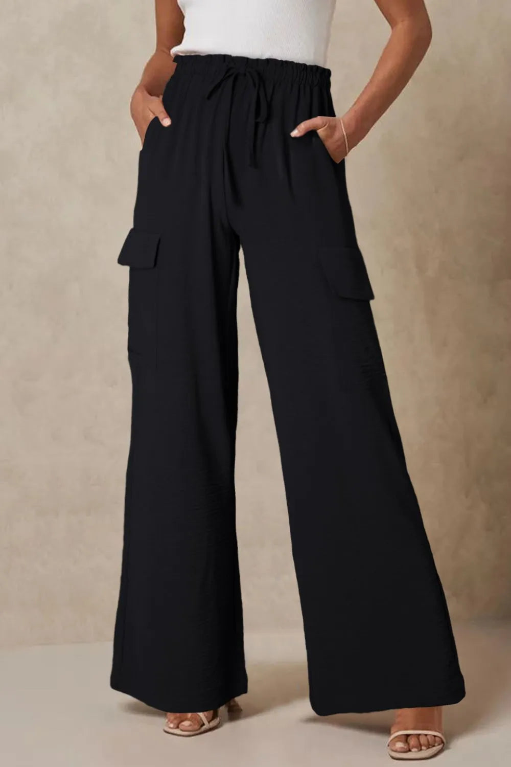 Drawstring Frilled Waist Wide Leg Utility Trousers (14)