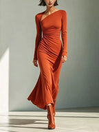 Asymmetrical Neck Ruched Long-sleeve Dress