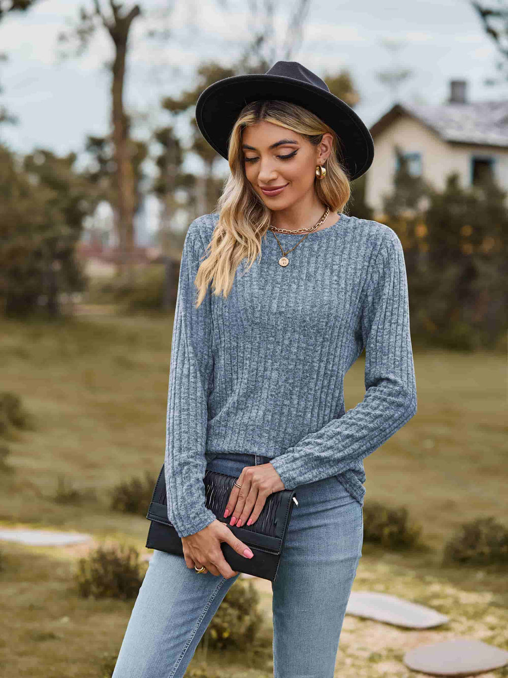Ribbed Round Neck Long Sleeve Tee (15)