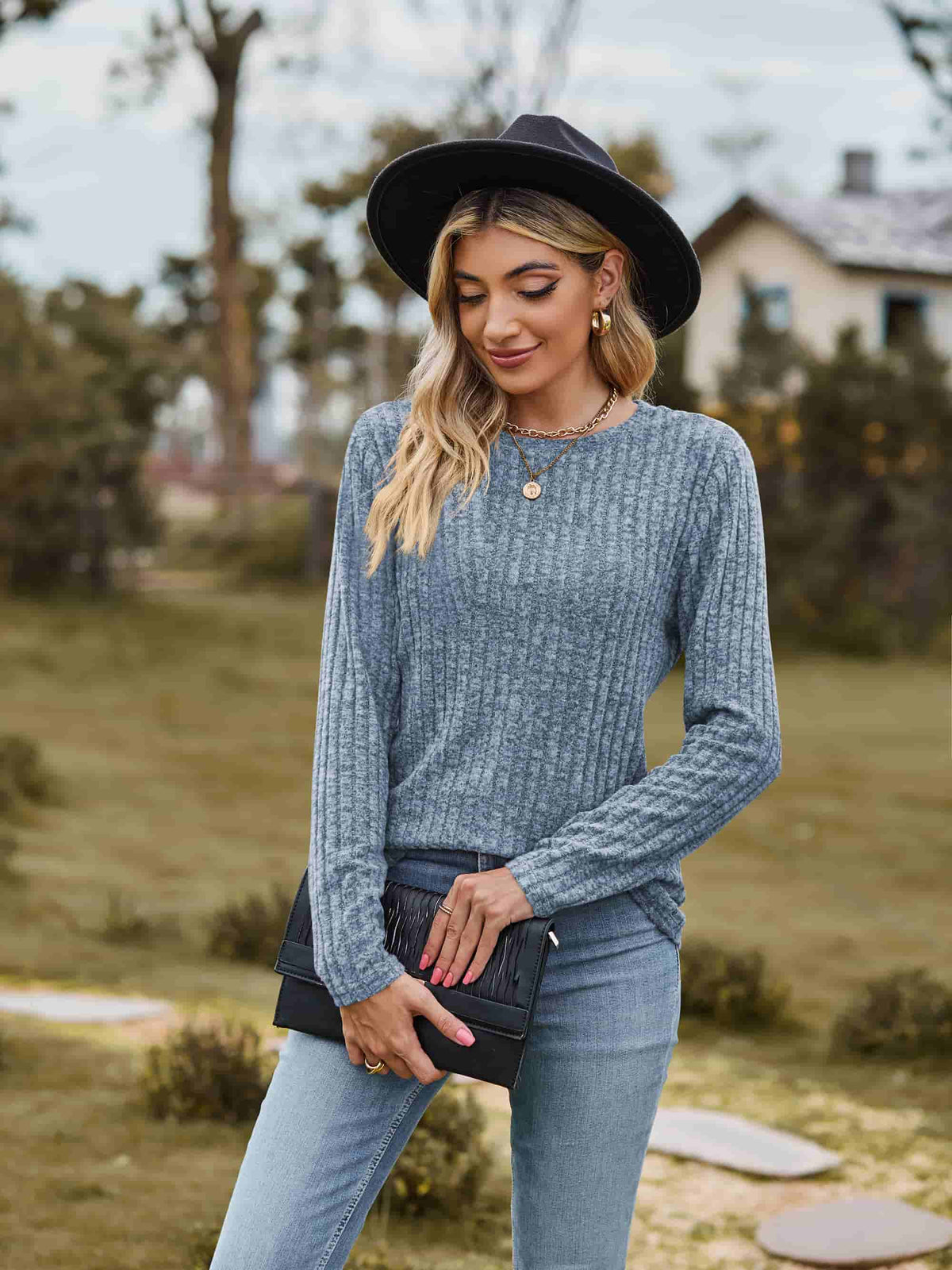Ribbed Round Neck Long Sleeve Tee (15)