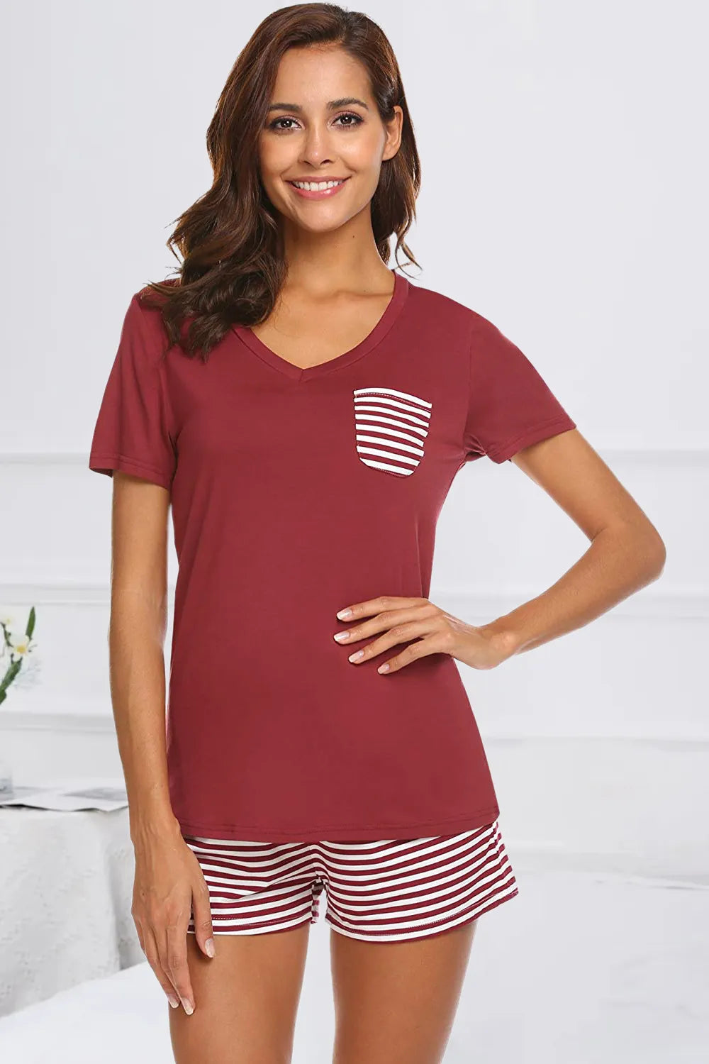 Striped Short Sleeve Top Shorts Lounge Set (16)