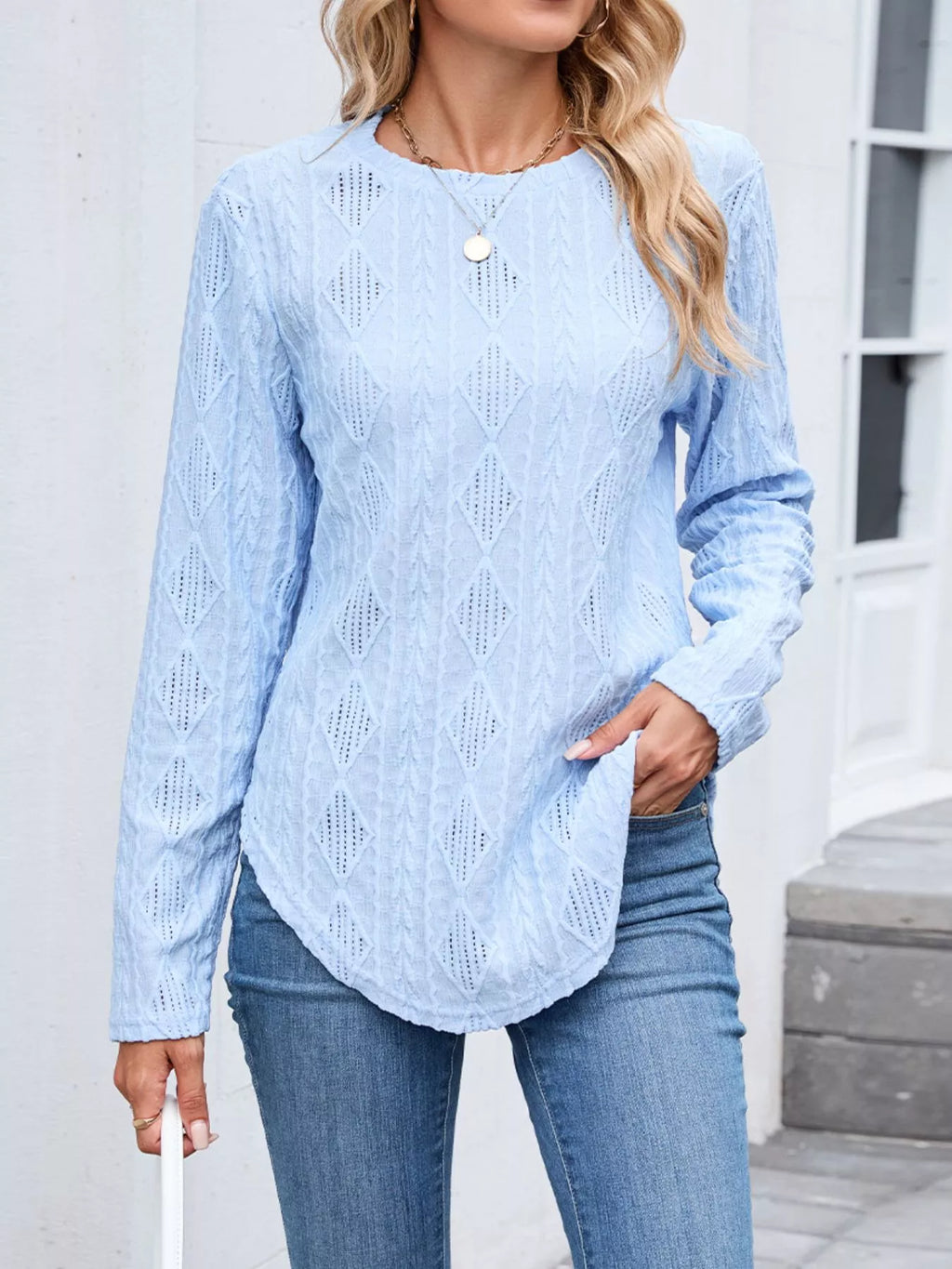 Openwork Textured Long Sleeve Top
