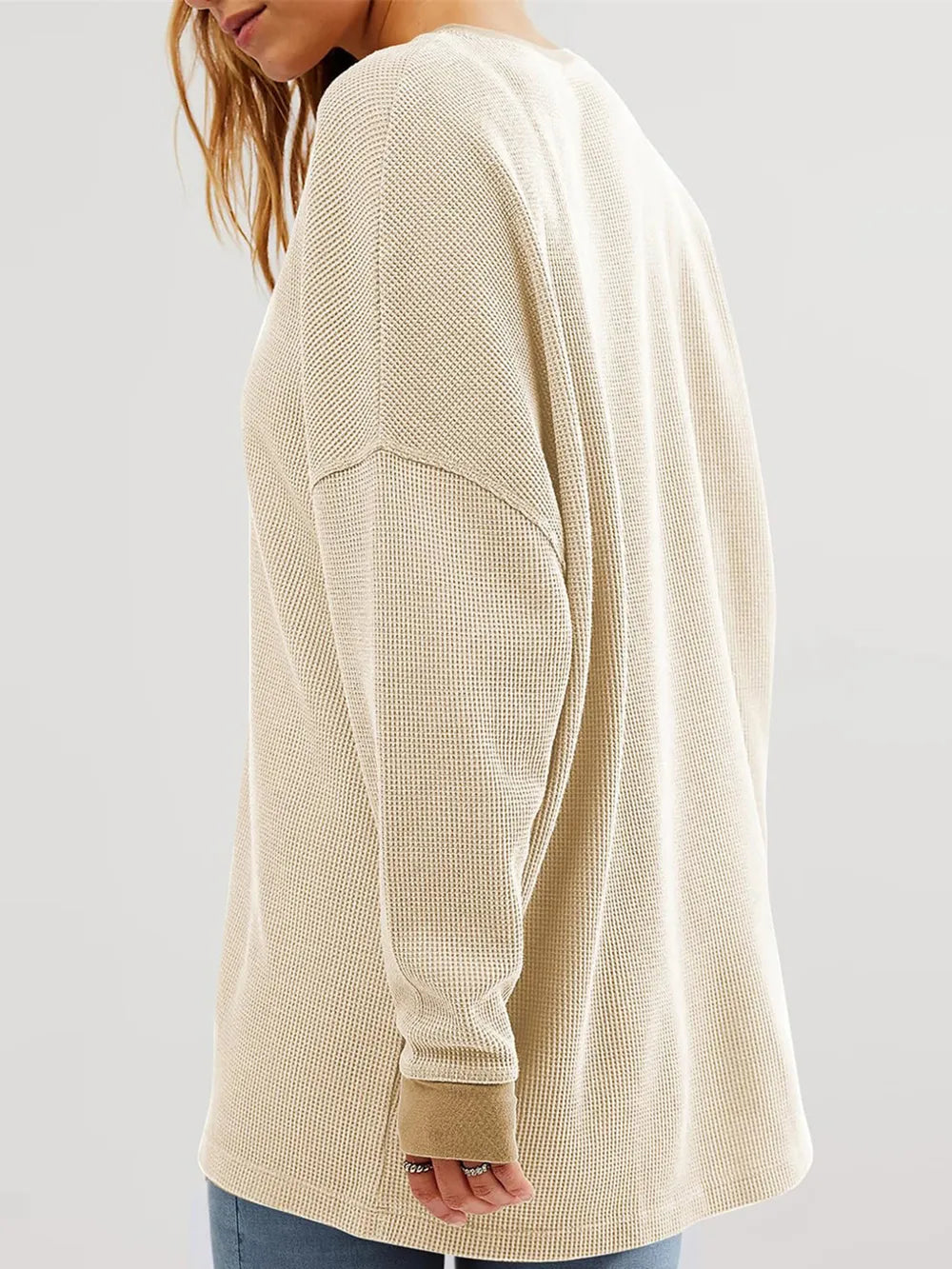 Waffle Knit Round Neck Long Sleeve T-shirt (28)
