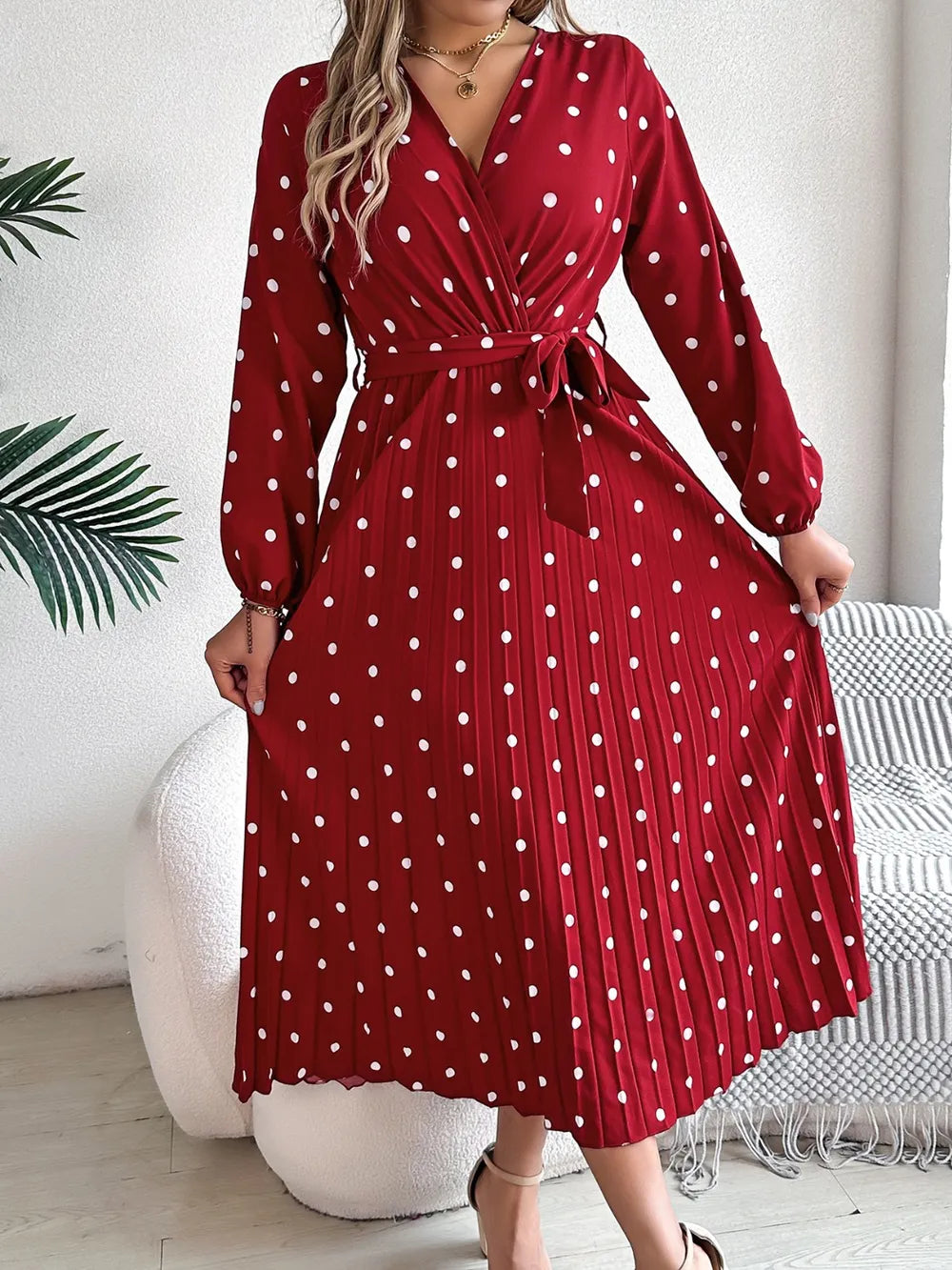 Tied Polka Dot Long Sleeve Midi Dress (23)
