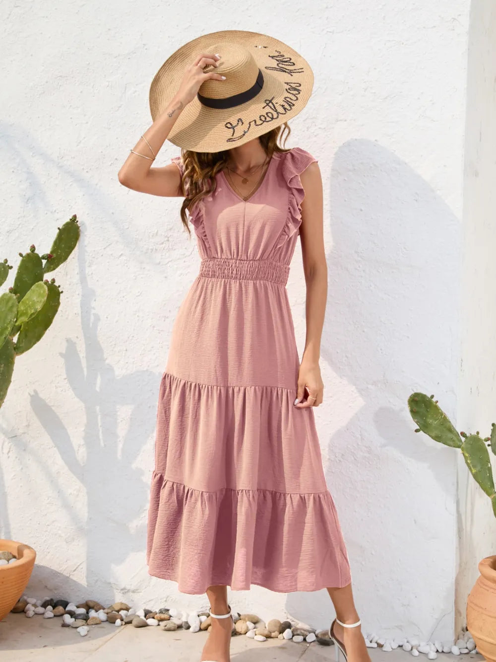 Tiered Ruffled V-neck Cap Sleeve Dress (15)