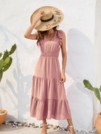 Tiered Ruffled V-neck Cap Sleeve Dress (15)
