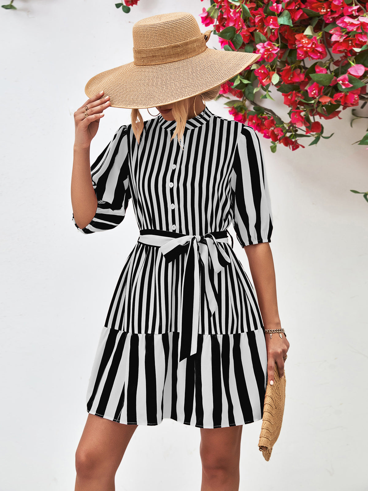 Striped Half Sleeve Tie Waist Mini Dress (13)