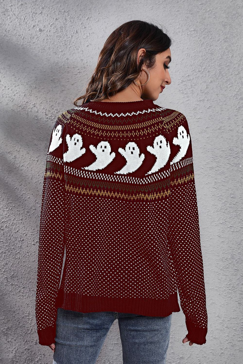 Ghost Pattern Round Neck Long Sleeve Sweater (17)