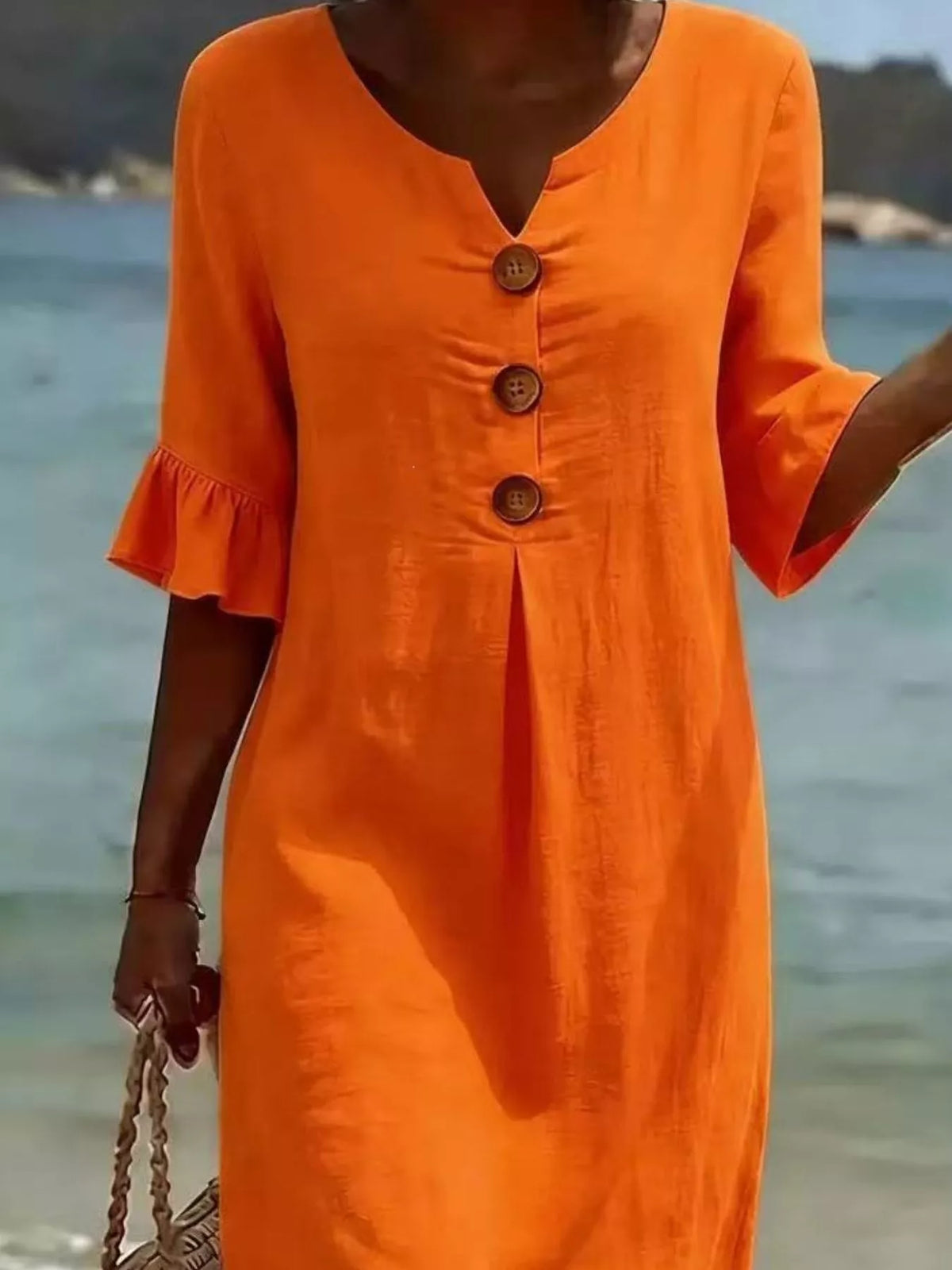 Full Size Button Decor Ruffle Sleeve Midi Dress Plus (10)