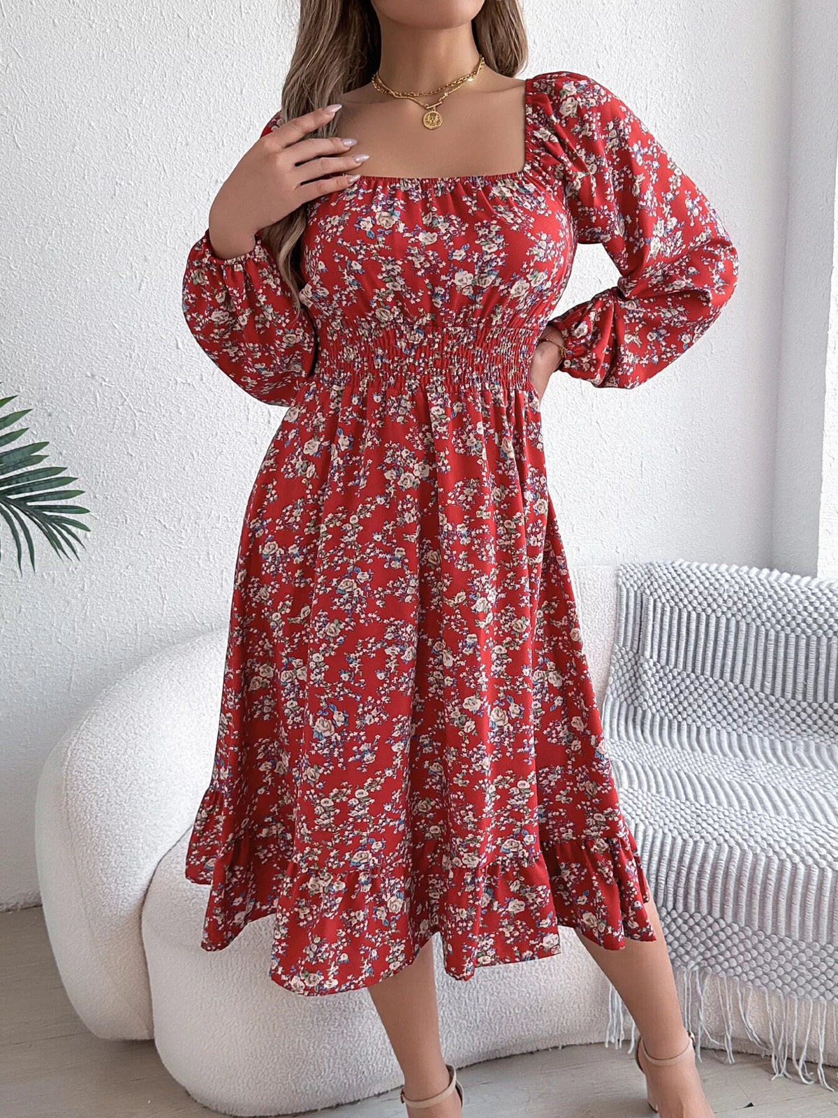 Floral Print Long Sleeve Square Neck Midi Dress (14)