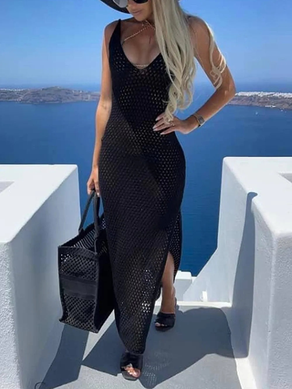 Slit Openwork V-neck Sleeveless Cover Up