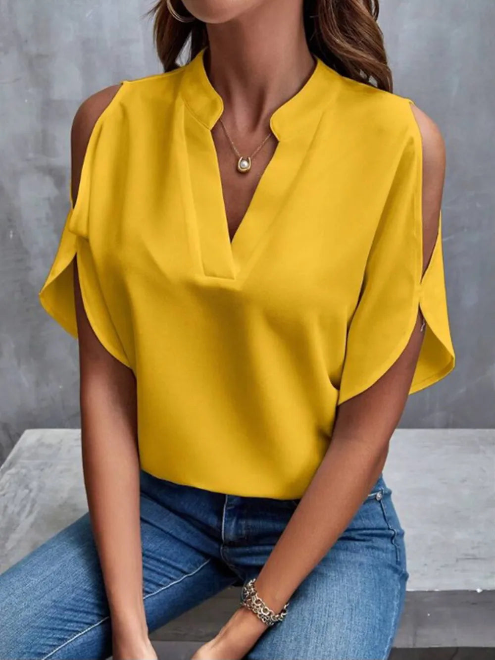 Notched Cold Shoulder Half Sleeve Blouse (21)
