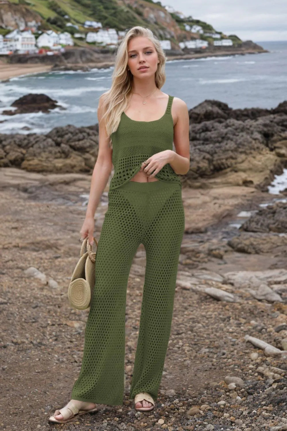 Hollow Out Round Neck Top Pants Sweater Cover Up Set (5)