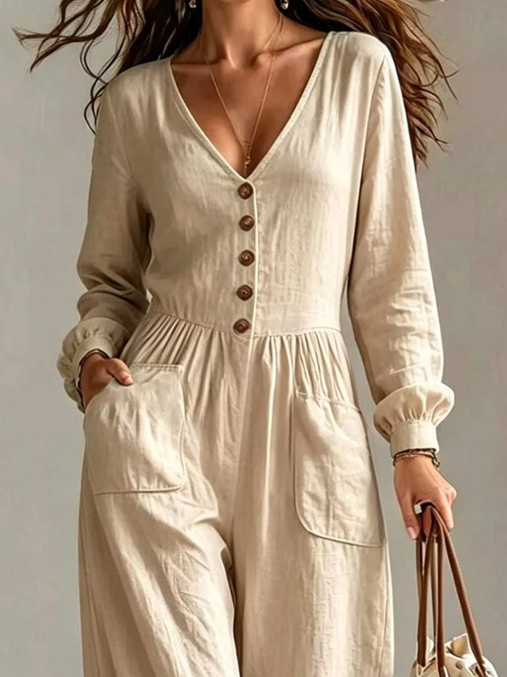 V-neck Long Sleeve Button-down Wide Leg Jumpsuit (4)