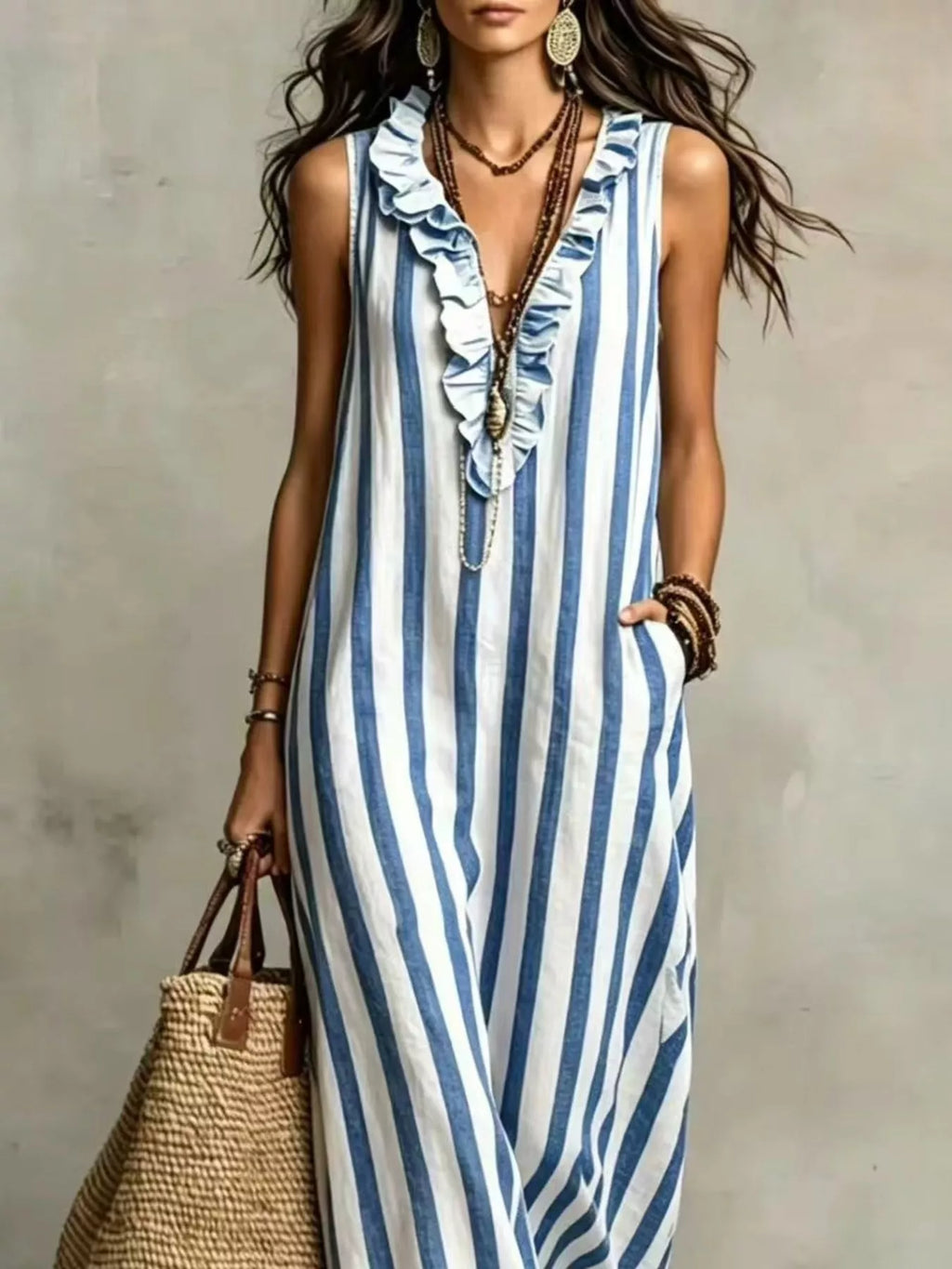 Full Size Sleeveless Striped Ruffle V-neck Maxi Dress Plus (2)