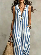 Full Size Sleeveless Striped Ruffle V-neck Maxi Dress Plus (2)
