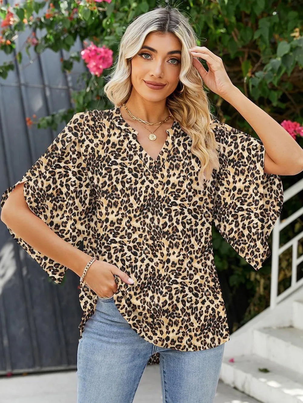 Printed Notched Half Sleeve Blouse (10)