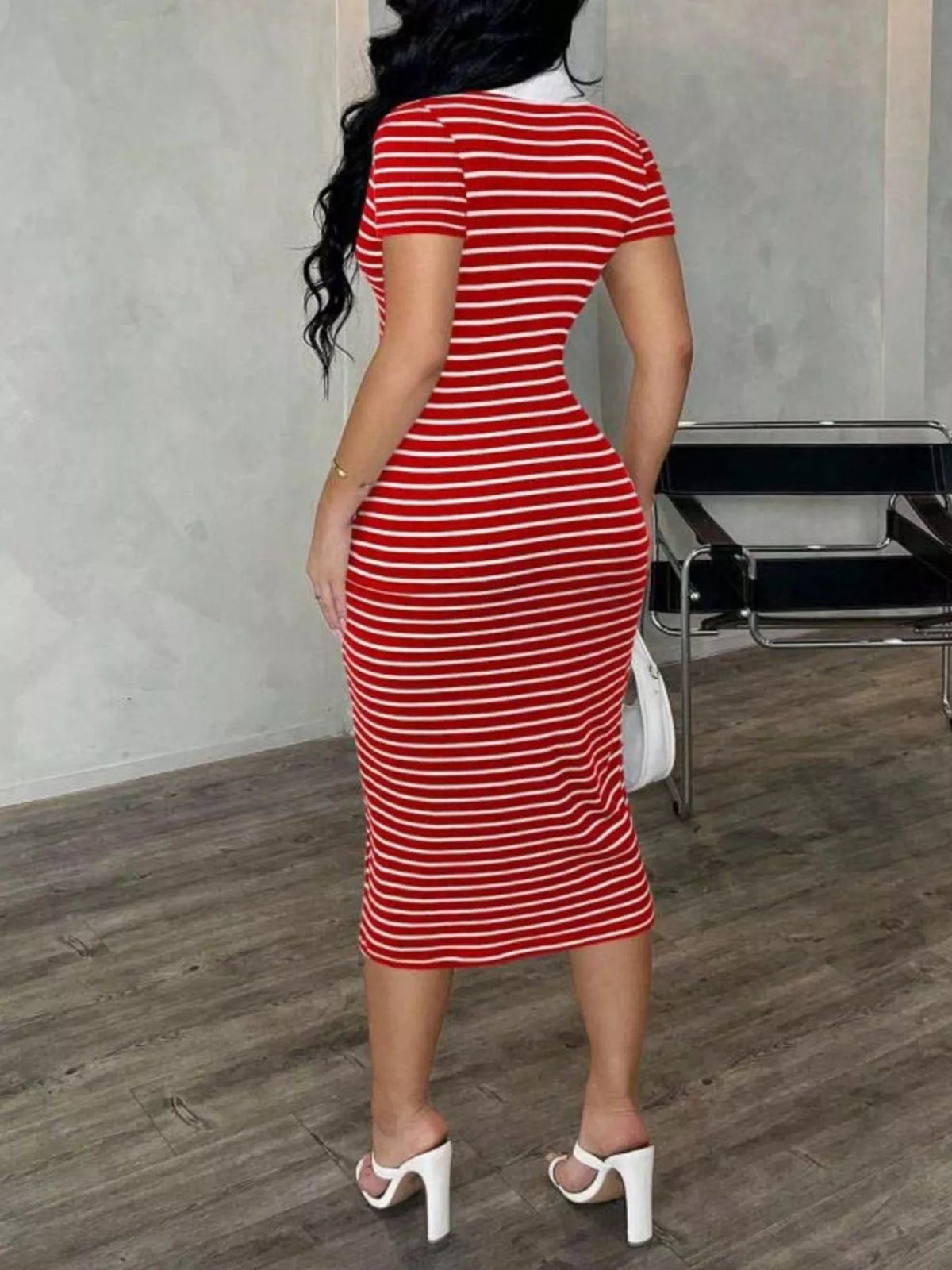 Striped Polo Collar Midi Dress (29)