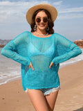 Openwork Slit Boat Neck Long Sleeve Cover-up