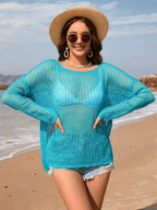 Openwork Slit Boat Neck Long Sleeve Cover-up