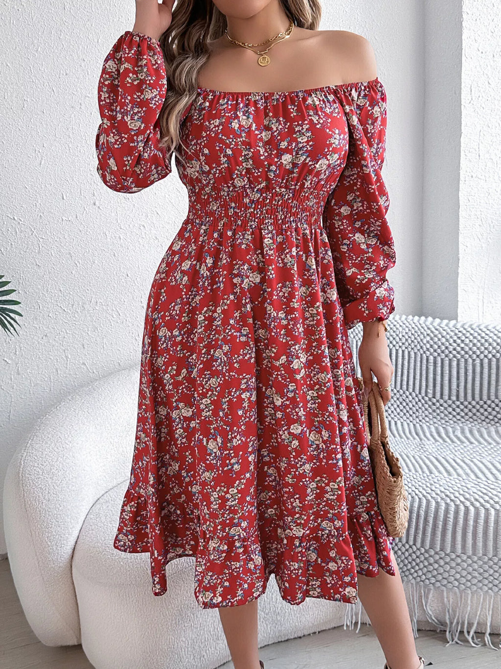 Floral Print Long Sleeve Square Neck Midi Dress (17)