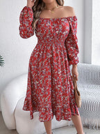 Floral Print Long Sleeve Square Neck Midi Dress (17)