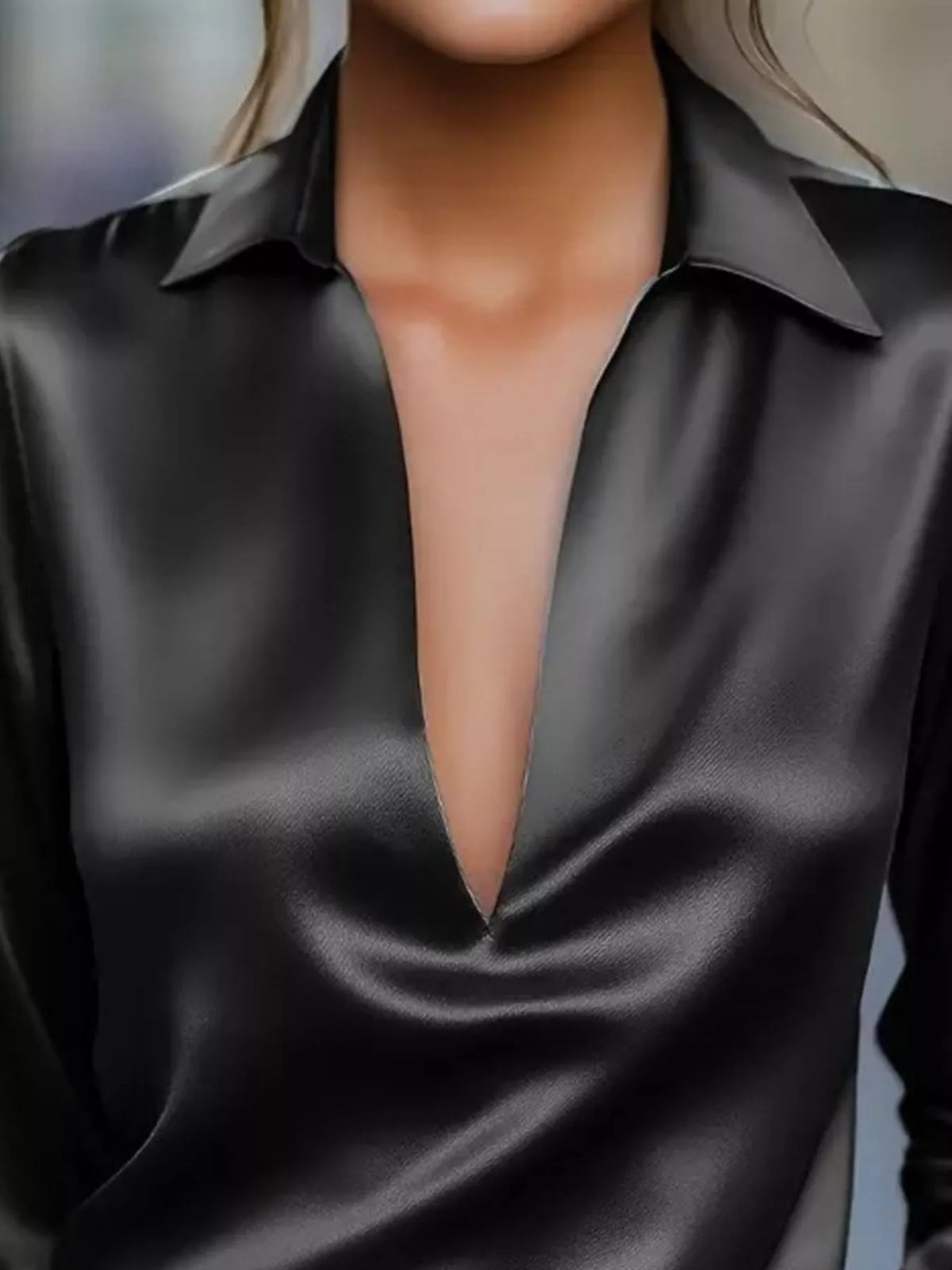 Satin Johnny Collar Long Sleeve Blouse (6)