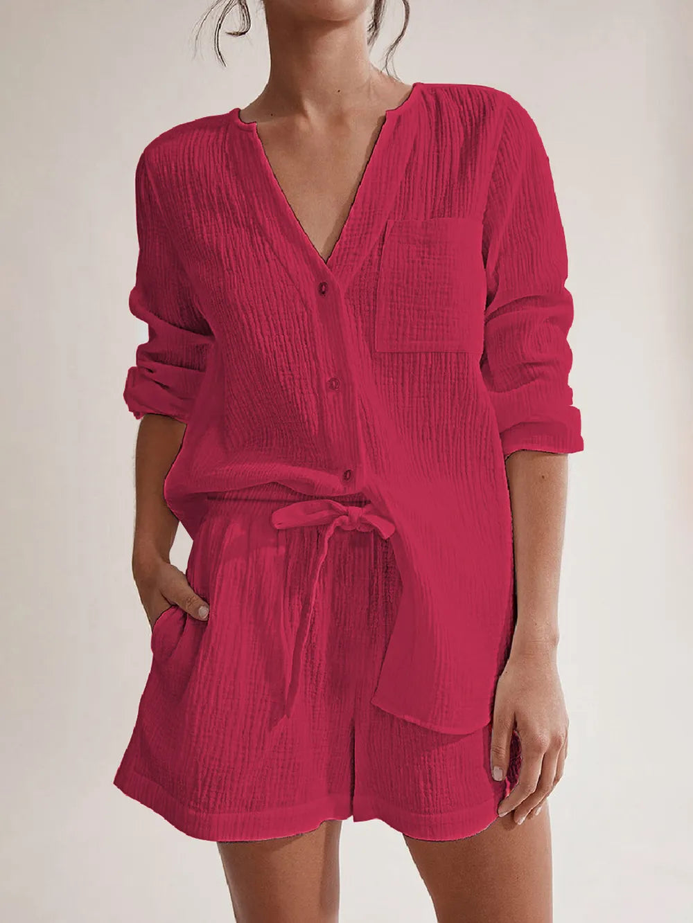 Notched Long Sleeve Top Shorts Set (19)