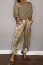 Satin Round Neck Top Pants Set
