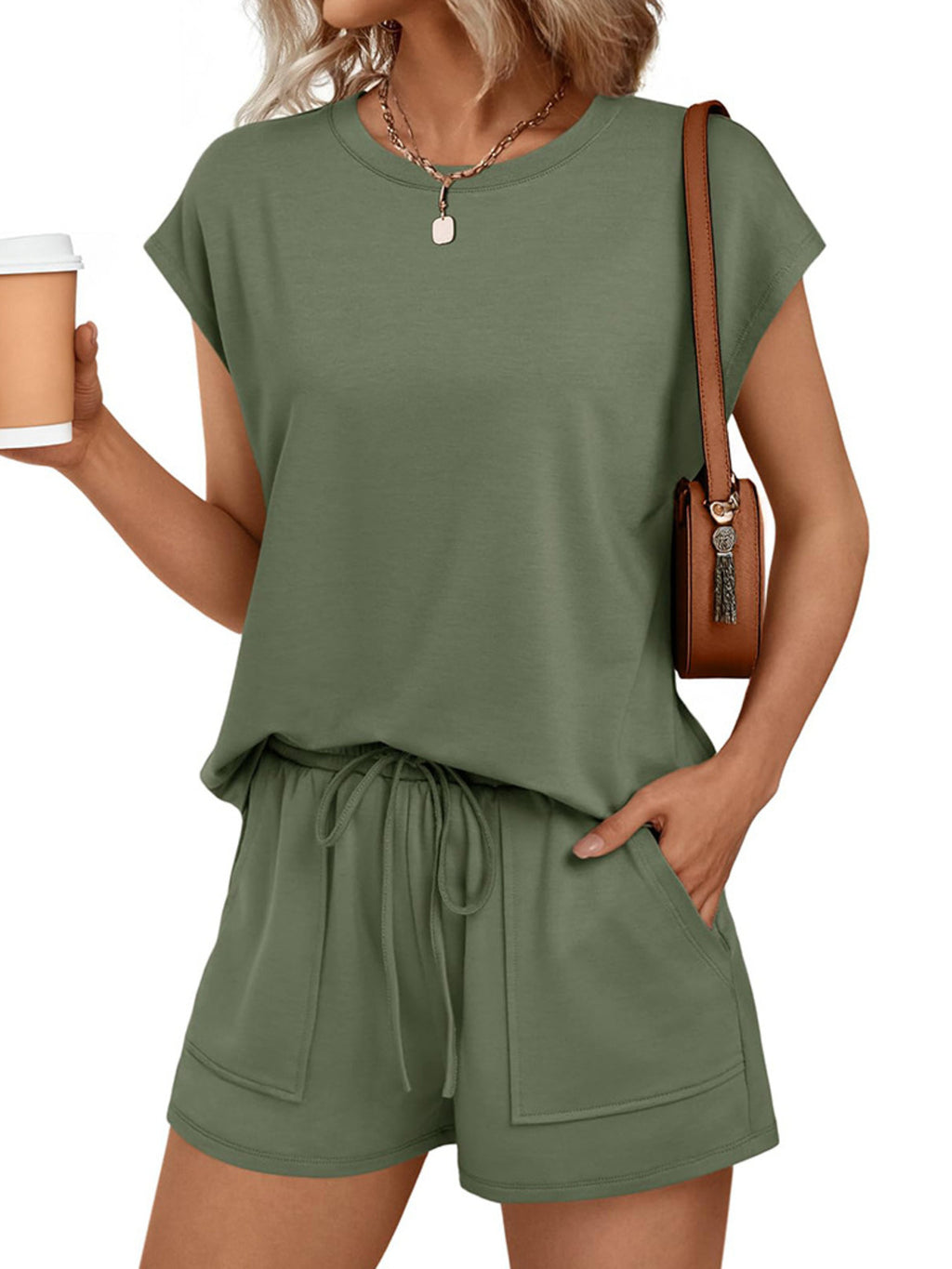 Round Neck Cap Sleeve Top Shorts Set (19)