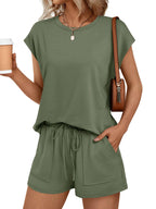 Round Neck Cap Sleeve Top Shorts Set (19)