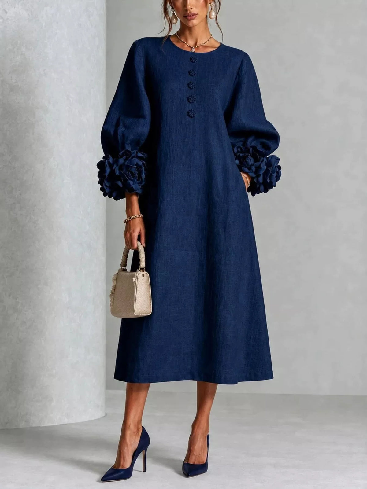 3d Floral Round Neck Midi Dress (15)