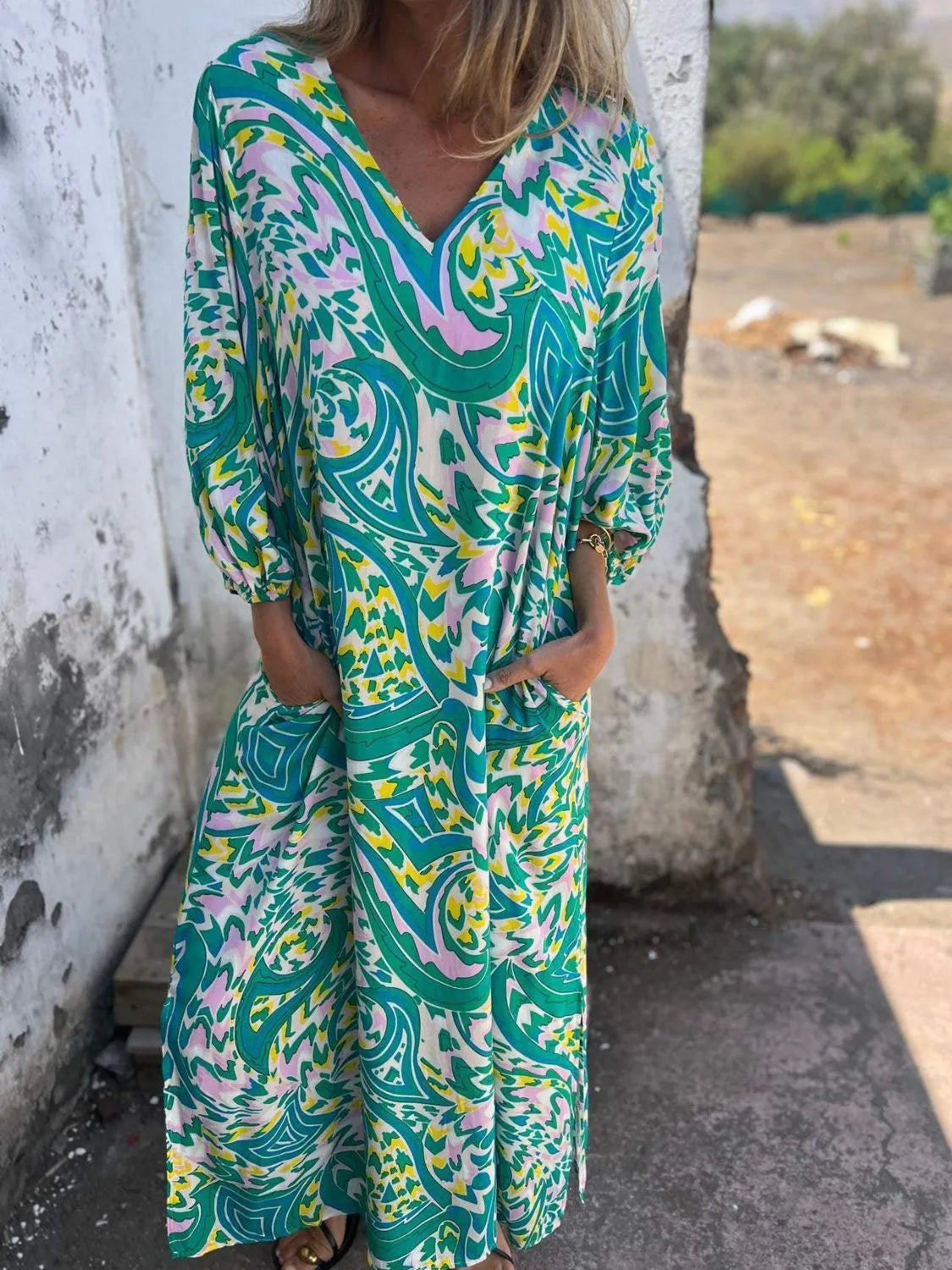 Full Size Printed V-neck Dress Pockets Plus