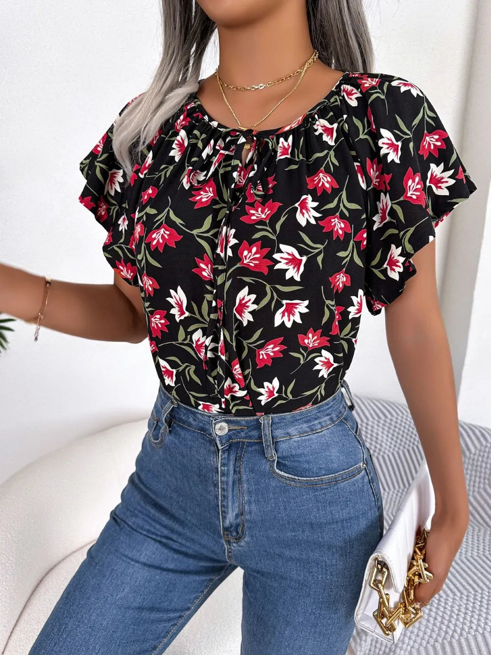 Floral Tie Neck Flutter Sleeve Blouse (3)