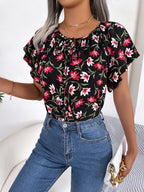 Floral Tie Neck Flutter Sleeve Blouse (3)
