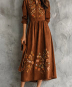 Vintage Brown Floral Embroidered Suede Midi Dress photo 1