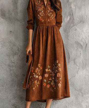 Vintage Brown Floral Embroidered Suede Midi Dress photo 1