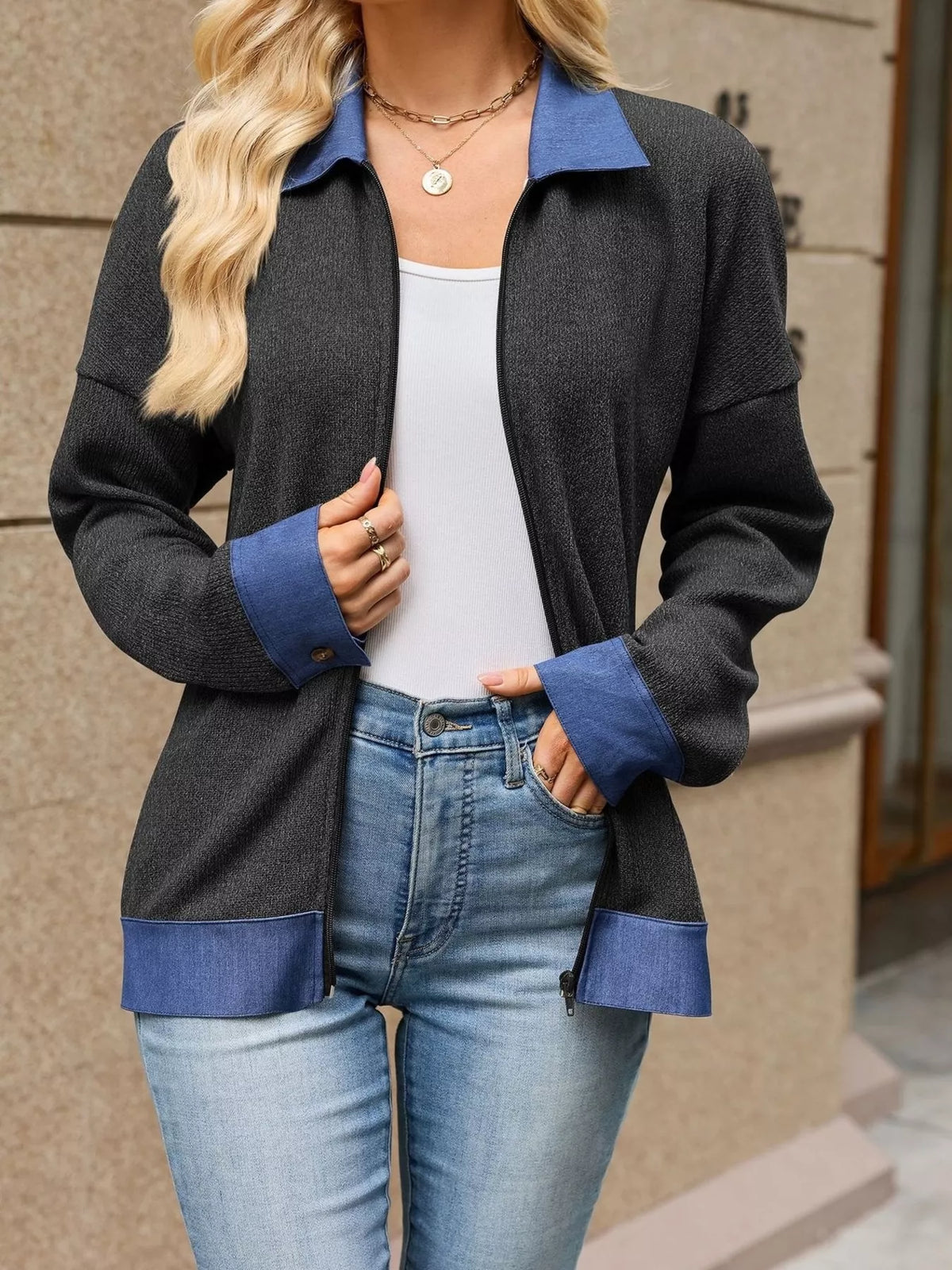 Contrast Denim Collar Zip Up Outerwear (7)