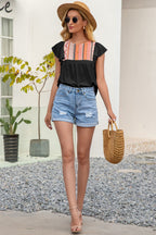 Contrast Print Butterfly Sleeve Top (4)
