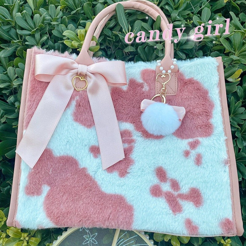 Cow Pattern Plush Bow Sweet Cute Shoulder Bag photo 3