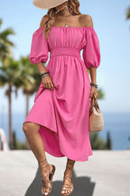 Square Neck Smocked Waist Puff Sleeve Midi Dress (4)