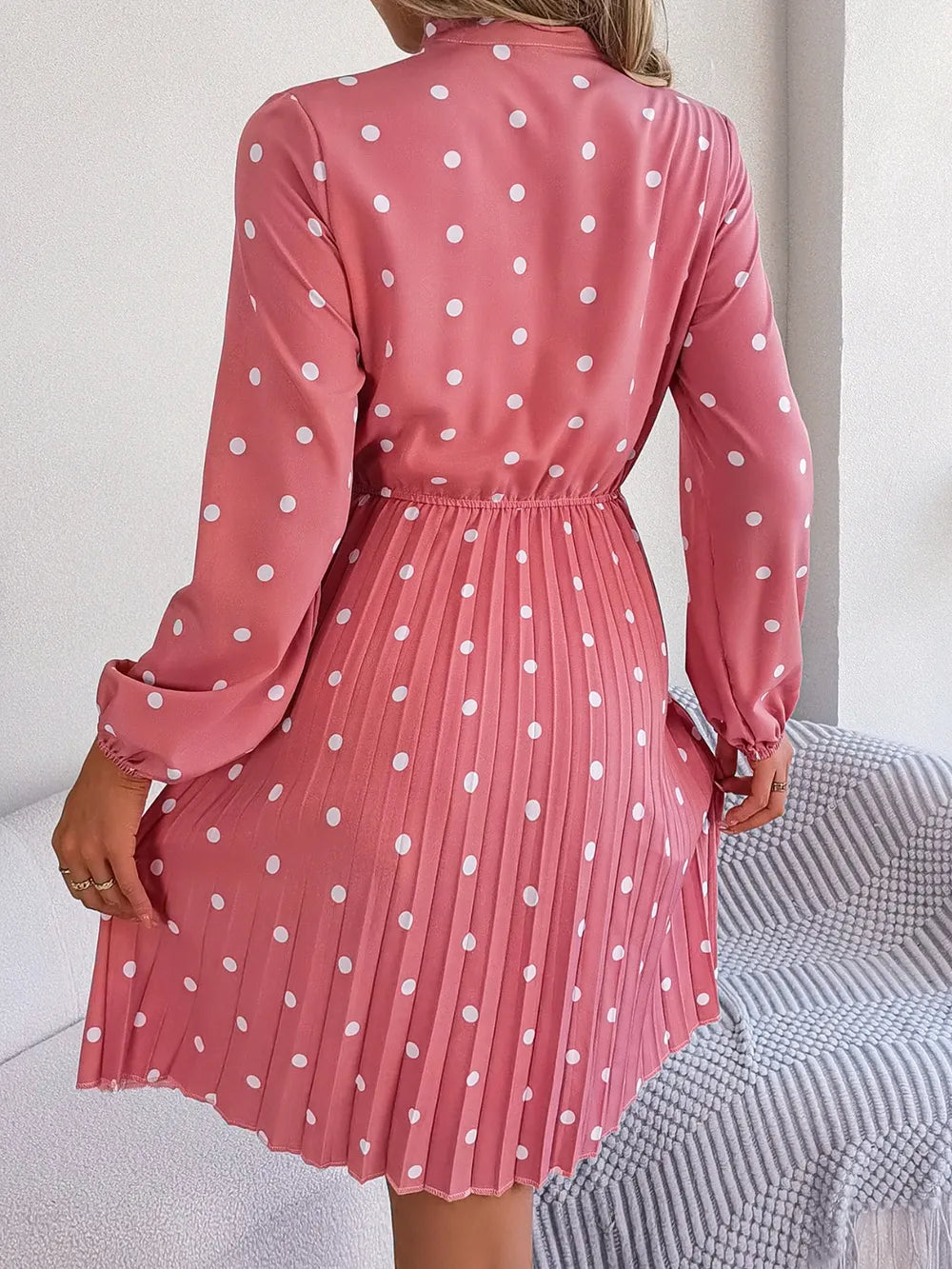 Polka Dot Tie Neck Pleated Dress (2)