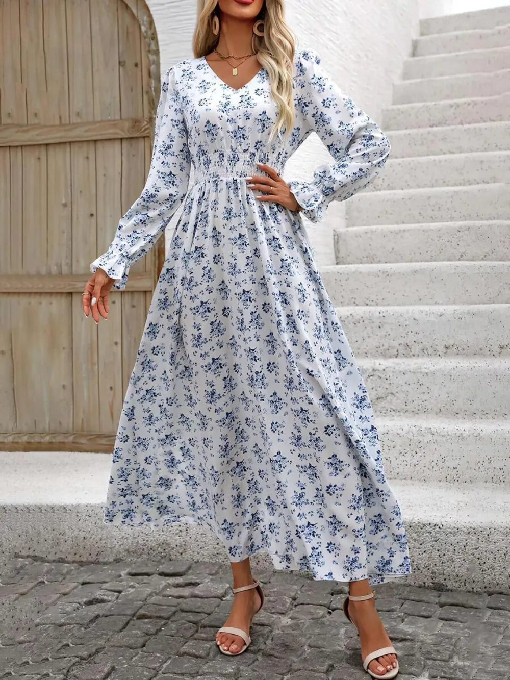 Smocked Printed V-neck Flounce Sleeve Dress (13)